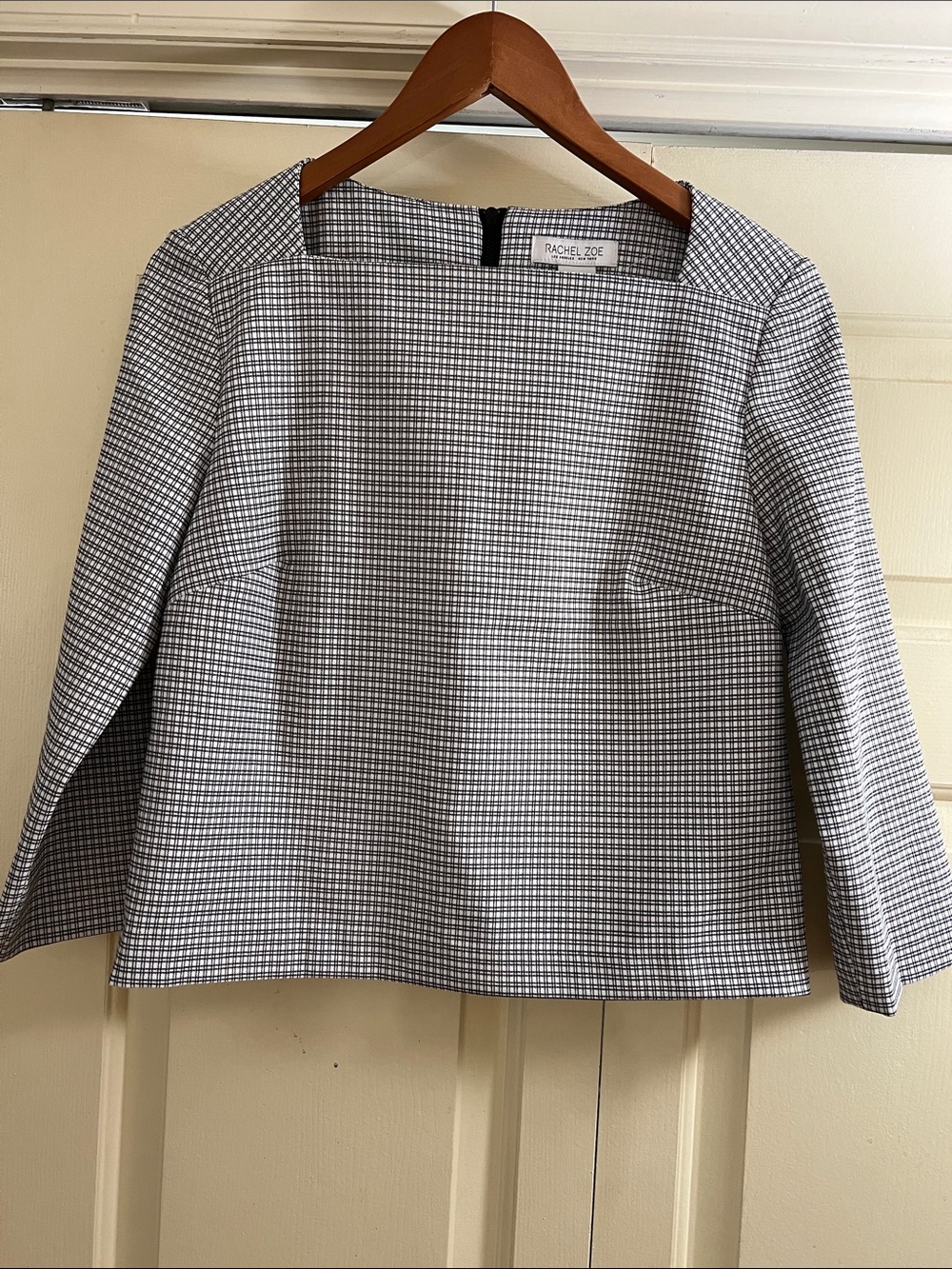 Rachel Zoe Black and White Gingham Square Neck Box Style Long-Sleeve Top